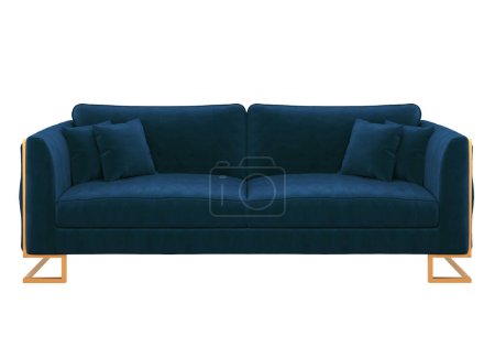 Téléchargez les photos : Canapé élégant moderne bleu classique sur pieds rectangulaires originaux en or. Canapé en velours. Projections de canapé pour le design, collage, bannière. Image réaliste. - en image libre de droit