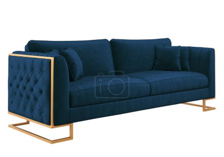 Téléchargez les photos : Canapé élégant moderne bleu classique sur pieds rectangulaires originaux en or. Canapé en velours. Projections de canapé pour le design, collage, bannière. Image réaliste. - en image libre de droit