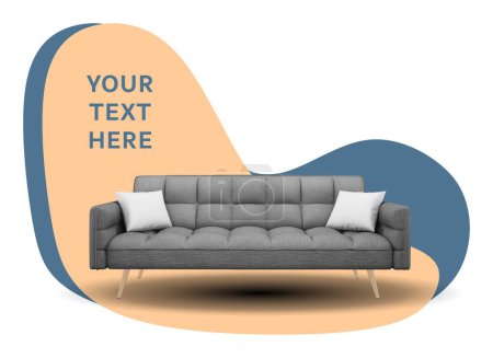 Photo for Advertising poster sofa on a colored background with a place for an inscription. Buying an apartment, house. Rental of property. Hotel room, rest. - Royalty Free Image