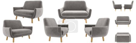 Foto de Sofá moderno, redondeado, de tela gris con patas. Sofá de diferentes lados. Proyección de sofá para diseño, collage, banner - Imagen libre de derechos