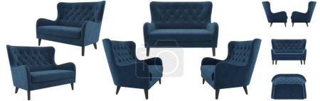 Téléchargez les photos : Canapé classique matelassé en velours bleu avec dossier haut. Canapé de différents côtés. Projection de canapé pour la conception, collage, bannière - en image libre de droit
