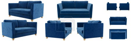 Photo for Contemporary blue fabric sofa. Sofa from different sides. Sofa projection for design, collage, banner - Royalty Free Image