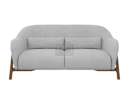 Foto de Sofá moderno de tela blanca tapizado con patas de madera. Sofá para el hogar o terraza. Proyección de sofá para diseño, collage, banner - Imagen libre de derechos