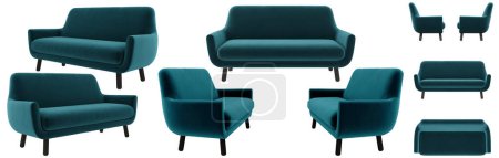 Téléchargez les photos : Canapé moderne en tissu vert arrondi avec pieds. Canapé de différents côtés. Projection de canapé pour la conception, collage, bannière - en image libre de droit