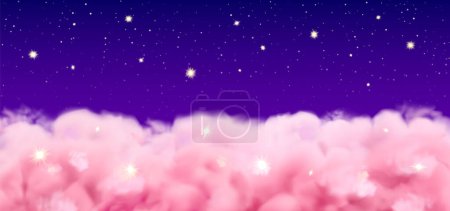 Pink clouds night background. Vector realistic dreamy sky with stars. Above the clouds in dark heaven, web banner template of dawn or dusk