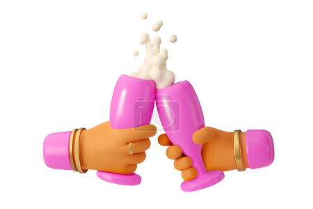 Ilustración de 3d mujer manos sosteniendo copa de vino con champán. Ilustración de representación vectorial en rosa aislado sobre fondo blanco. Icono de dibujos animados concepto de tostadas - Imagen libre de derechos