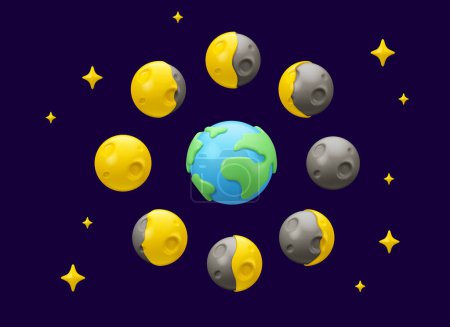 Vektor 3D Erde und Mondphasen Icon gesetzt. Mondkalender Design-Elemente in den Nachthimmel mit Sternen isoliert. Niedliche Cartoon-Planet-Emoji-Sammlung, pädagogisches Kinderspielzeug