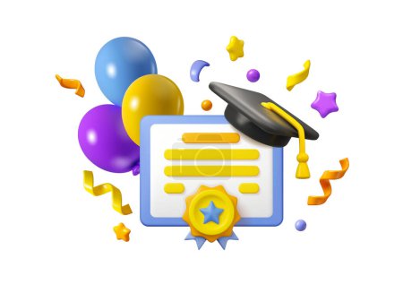 Illustration for Graduate celebration vector 3d illustration. Graduation party, diploma with academic hat, balloons and confetti icon isolated on white background - Royalty Free Image