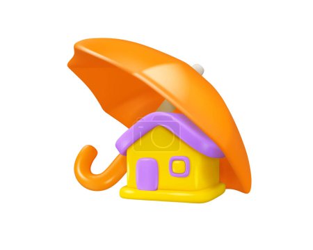 Haus unter Schirmvektor 3D-Symbol. Objektschutzkonzept. Illustration der Hausversicherung, isoliert auf weißem Hintergrund