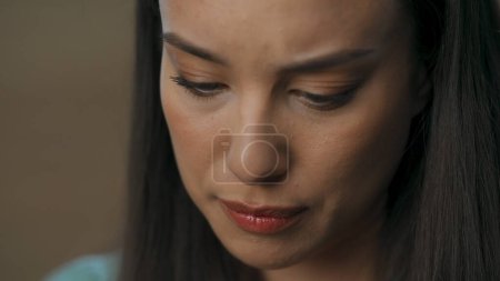 Thoughtful businesswoman reading news portrait. Worried sad woman thinking problem solution closeup. Serious girl purses lips considering issues alone. Pensive female person making hard decision 