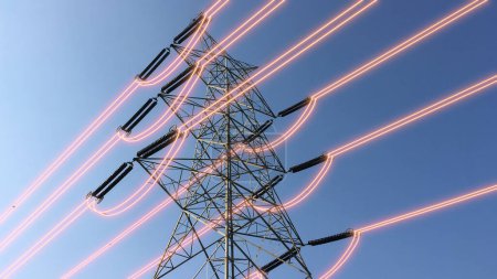 Photo for Electricity transmission towers with glowing wires - Royalty Free Image