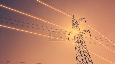 Photo for Electricity transmission towers with glowing wires - Royalty Free Image