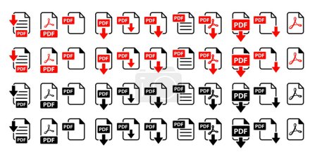 Téléchargez les illustrations : Icônes complètes de format de fichier PDF : Télécharger des symboles pour les textes, images, graphiques vectoriels, vidéos et formulaires interactifs - en licence libre de droit
