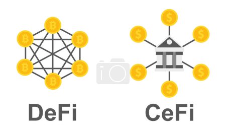 Finanzas descentralizadas y finanzas centralizadas.DeFi vs CeFi. Ilustración vectorial