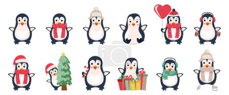 Téléchargez les illustrations : Illustration vectorielle de dessin animé pingouins. Pingouin de Noël personnages - en licence libre de droit