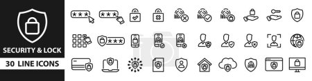 Ilustración de Conjunto de iconos de línea de bloqueo. Bloqueo, Seguridad, Seguridad, Caja fuerte, Desbloquear la colección de iconos. - Imagen libre de derechos