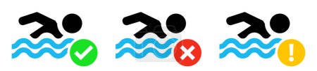 Illustration for Swimmer symbol with checkmark ,cross and exclamation point icon.Swimming icon set. Symbol of swimming among the waves.Vector - Royalty Free Image
