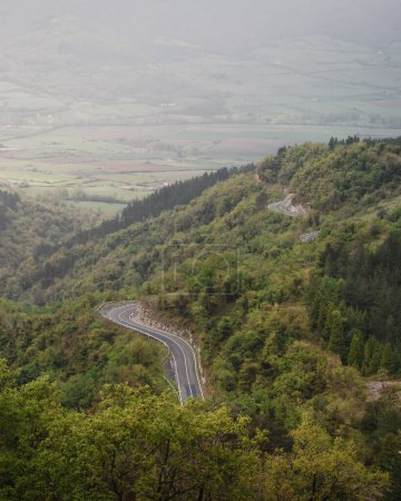 Téléchargez les photos : Route sinueuse de la montagne Barrerilla passe à travers la forêt. Sur la vallée de l'Arrastaria, Vizcaya. - en image libre de droit