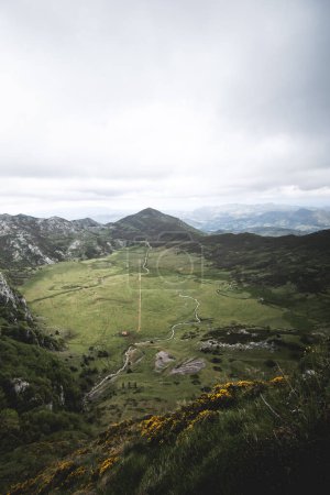 Foto de Vistas panorámicas del verde valle de la Vega de Comeya desde el mirador Principie de Asturias en los Lagos de Covadonga en Picos de Europa, Asturias. - Imagen libre de derechos