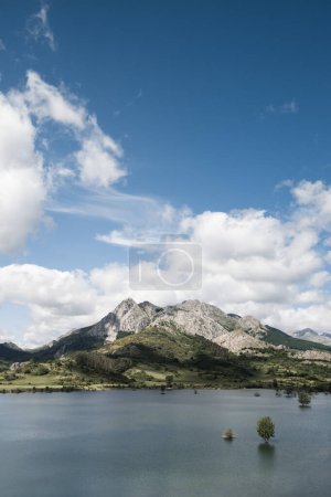 Photo for Vertical landscape of the swamp or lake with the mountains in the background on a sunny spring summer day, in the Leonese region of the Cantabrian mountain range - Royalty Free Image