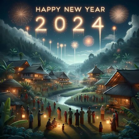 Téléchargez les photos : Village traditionnel sous un ciel étoilé avec feux d'artifice accueillant le Nouvel An 2024. - en image libre de droit