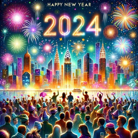 Téléchargez les photos : Skyline de la ville avec les gens qui célèbrent l'année 2024 avec des feux d'artifice vibrants. - en image libre de droit