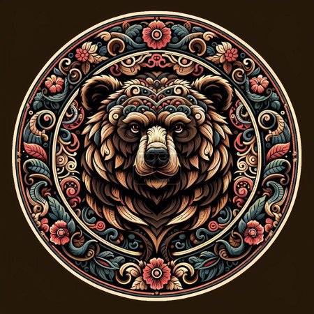 Téléchargez les photos : Cette œuvre complexe met en valeur une tête d'ours majestueuse centrée dans un cercle de mandala orné. - en image libre de droit