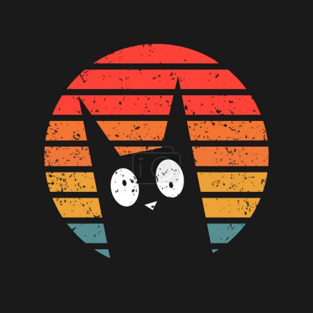 Téléchargez les photos : Un chat noir stylisé sur fond de coucher de soleil rétro et affligé dans des tons chauds. - en image libre de droit