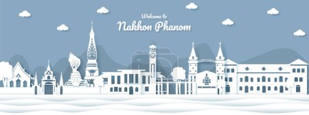 Téléchargez les illustrations : Vue panoramique de Nakhon Phanom et des toits de la ville avec des monuments de renommée mondiale dans l'illustration vectorielle de style de coupe de papier - en licence libre de droit