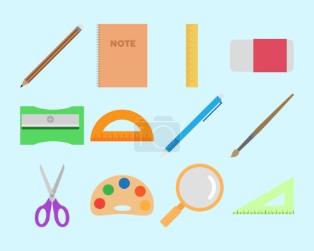 Photo for School supplies vector illustration set, back to school, pencil, book, ruler, eraser. Flat design outline - Royalty Free Image