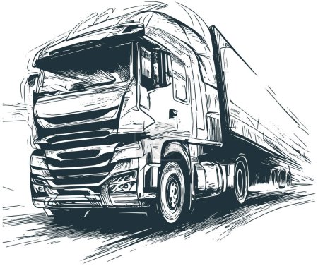 Foto de Camión de conducción rápida en el dibujo del vector de carretera en un color - Imagen libre de derechos