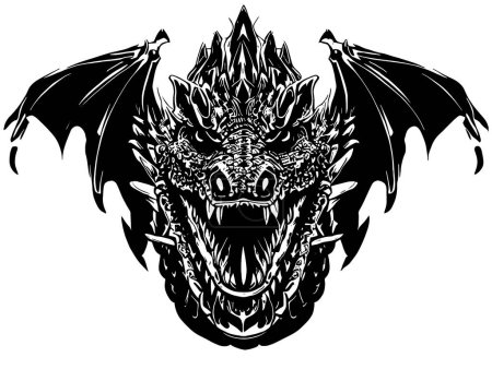 Foto de Cabeza de un dragón dentado malvado con alas extendidas dibujo vectorial en negro sobre blanco - Imagen libre de derechos
