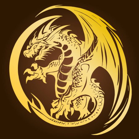 Foto de Dragón dorado en un círculo vector dibujo sobre un fondo oscuro - Imagen libre de derechos