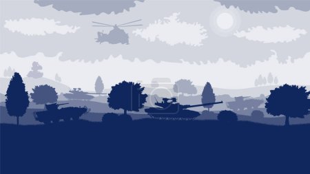 Illustration for Vector drawing of modern military equipment in a landscape made in blue tones - Royalty Free Image