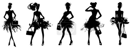 Illustration for Fashionista girls with handbags abstract silhouettes vector stencil - Royalty Free Image