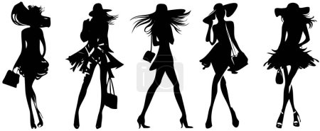 Illustration for Fashionista girls with handbags and hats abstract silhouettes vector stencil - Royalty Free Image