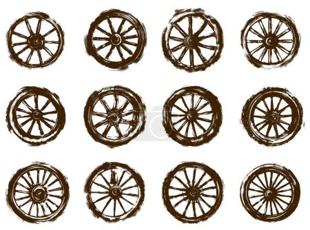 Téléchargez les illustrations : Vieilles roues en bois avec rayons art vectoriel sur fond blanc collection - en licence libre de droit
