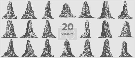Illustration for Rocky steep cliff vector collection of simple monochrome images - Royalty Free Image