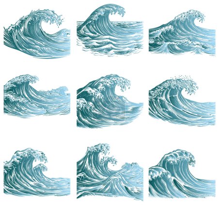Téléchargez les illustrations : Vagues de mer pendant la tempête collecte d'images vectorielles - en licence libre de droit