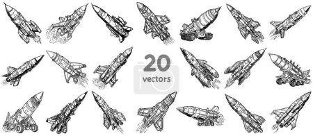 Téléchargez les illustrations : Ensemble de silhouettes monochromes d'images vectorielles abstraites de missiles de combat - en licence libre de droit