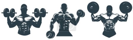 Illustration for Silhouette of a muscular man with dumbbells and bulging muscles - Royalty Free Image