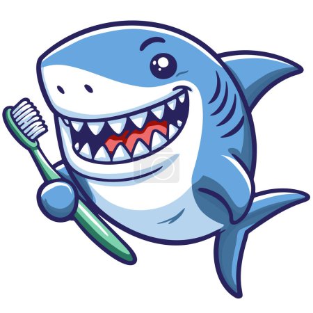 Téléchargez les illustrations : Requin souriant tenant une brosse à dents vecteur dessin dessin illustration - en licence libre de droit