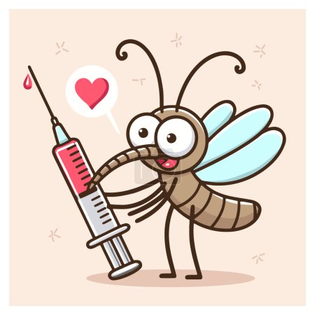 Illustration for Vector drawing of a cartoon mosquito holding a syringe with blood on a light background - Royalty Free Image