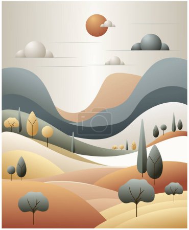 Téléchargez les illustrations : Beau paysage vectoriel abstrait moderne avec des arbres sur les collines dans un design plat minimaliste - en licence libre de droit