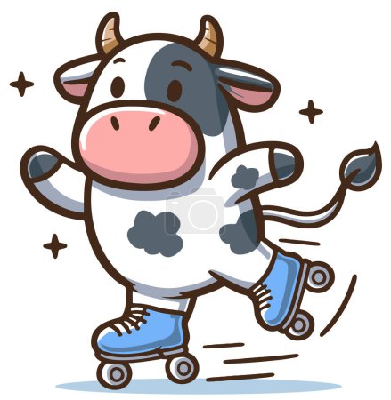 Téléchargez les illustrations : Patinage à roulettes de vache sur illustration vectorielle simple bleue - en licence libre de droit