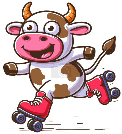Téléchargez les illustrations : Joyeuses promenades de vache sur patins à roulettes dessin vectoriel de couleur rouge - en licence libre de droit