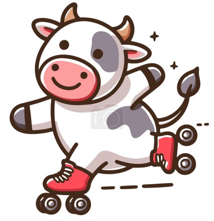 Téléchargez les illustrations : Joyeuse vache patiner sur patins à roulettes rouges vecteur dessin simple - en licence libre de droit