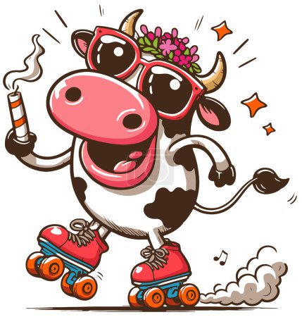 Téléchargez les illustrations : Une vache joyeuse en lunettes de soleil et une couronne de fleurs sur ses patins à roulettes - en licence libre de droit