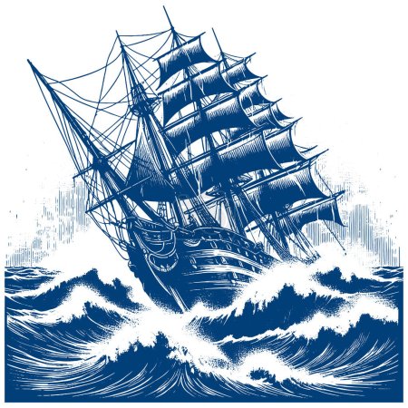 Ilustración de Un gran velero antiguo navega en un dibujo de grabado de vectores de mar tormentoso - Imagen libre de derechos
