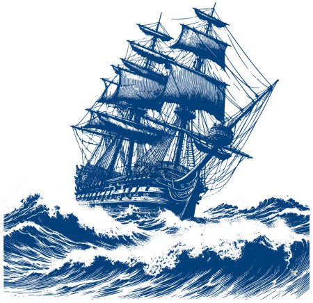 a large antique sailboat sails on big waves in a stormy sea vector stencil drawing
